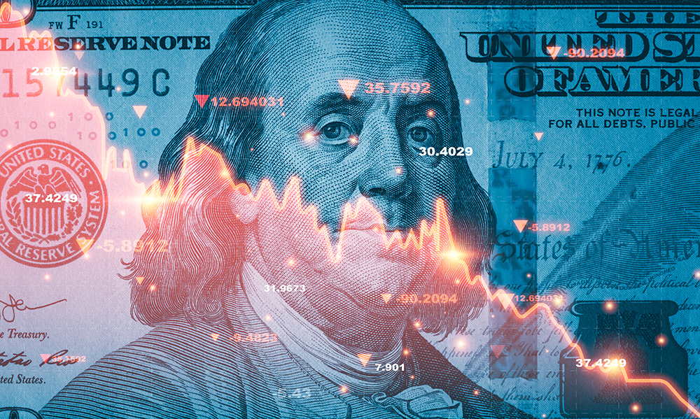 Benjamin Franklin face on USD dollar banknote with red decreasin
